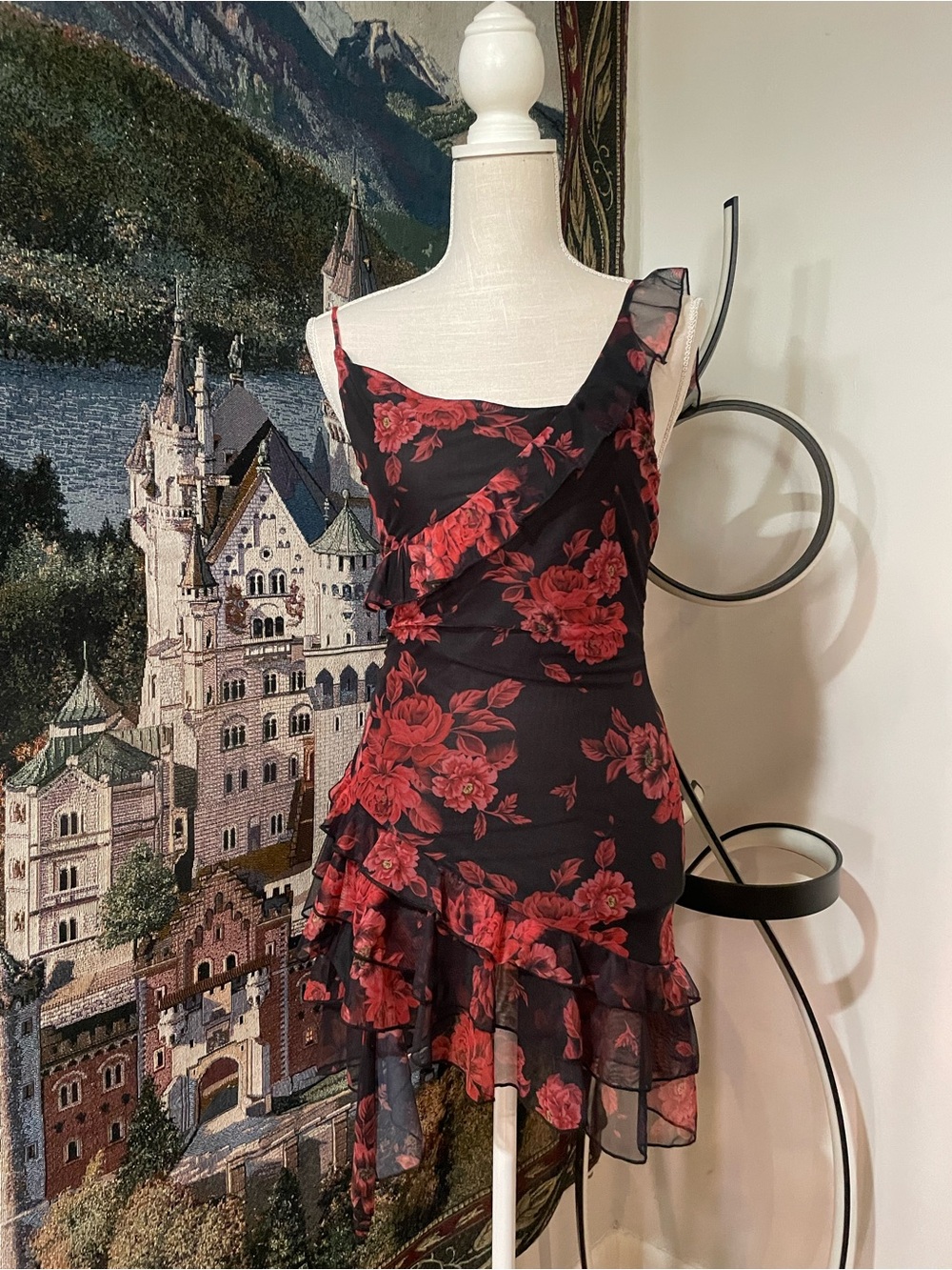 Peppermayo Black Slip Summer Dress with Red Floral Print